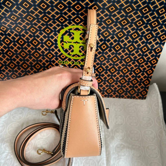 Tory Burch Felix Striped Canvas Mini Flap Shoulder Bag Crossbody Canvas Black - Picture 3 of 11